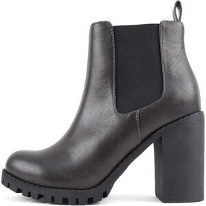 Women's Dark Grey Lug Sole Ankle Boot Elastic Gore Chunky Heel Bootie